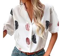 Stampa floreale Button-Down T-shirt per le donne con scollo a V Camicetta colletto estate sciolto casual business top donna abbigliamento taglie grandi, bianco, M