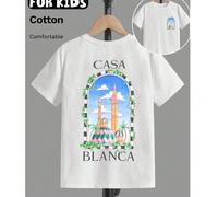 Stampa fronte-retro con motivo di uno splendido scenario di un edificio fuori dalla finestra, primavera ed estate, ragazzi/ragazze, stesso stile, maglietta in puro cotone a coste, stile college, abbig