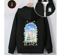 Stampa fronte-retro di motivi di bellezza architettonica e lettere fuori dalla finestra, felpa con cappuccio versatile, comoda e casual, imbottita in cotone, con cerniera, per ragazzi/ragazze, minimal