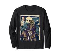 Stampa Giapponese a Blocchi Samurai Raccoon Fuji Ukiyo-e Art Design Maglia a Manica