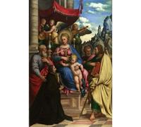 Stampa Giclée su tela di qualità museale - Girolamo da Treviso - La Madonna col Bambino con angeli, santi e donatore - 76 x 101 cm | Inchiostri d'archivio su tela di policotone | Perfetta per