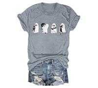 Stampa Halloween Tshirt da donna a maniche corte, scollo rotondo, maglietta stampata, costume di Halloween, maglietta leggera, maglietta casual, taglie forti, grigio chiaro, M