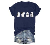Stampa Halloween Tshirt da donna a maniche corte, scollo rotondo, maglietta stampata, costume di Halloween, maglietta leggera, maglietta casual, taglie forti, Blu mare, XXL