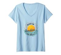 Stampa High on Sunshine And Music Summer Vibes Maglietta con Collo a V, Donna, Celeste, S