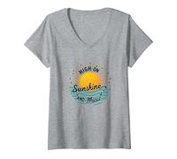 Stampa High on Sunshine And Music Summer Vibes Maglietta con Collo a V, Donna, Grigio Melange, S