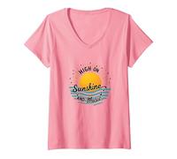 Stampa High on Sunshine And Music Summer Vibes Maglietta con Collo a V, Donna, Rosa, S