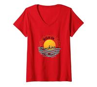 Stampa High on Sunshine And Music Summer Vibes Maglietta con Collo a V, Donna, Rosso, S