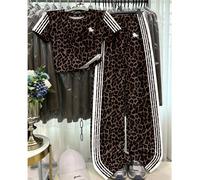 Stampa leopardata vintage dolce, contrasto bianco sportivo con quattro strisce, cavallo cavaliere, set casual da vacanza estiva a 2 pezzi per ragazze adolescenti, adatto per tutte le stagioni, picnic 