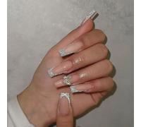 Stampa Quadrato Su Unghie Pizzo Francese Glitter Unghie Finte Acrilico Con Bastone Di Farfalla 3D Sulle Unghie Per Le Donne Ragazze