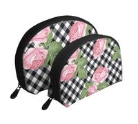 Stampa rose su plaid bianco nero, Borsa per trucco a conchiglia Portamonete da donna Borsa da toilette piccola Borsa per cosmetici 2 pezzi