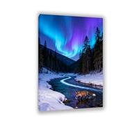 Stampa su tela aurora boreale Blue Pine Forest Snow Fox che attraversa il fiume immagini decorazione da parete colorata per soggiorno ufficio aurora boreale poster animal45x30cm(18x12in)poster