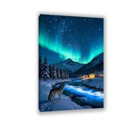 Stampa su tela aurora boreale Guardando il lupo del fiume blu notte nevosa immagini decorazione da parete colorata per soggiorno ufficio aurora boreale poster animal60x40cm(24x16in)Cornice interna