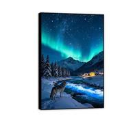 Stampa su tela aurora boreale Guardando il lupo del fiume blu notte nevosa immagini decorazione da parete colorata per soggiorno ufficio aurora boreale poster animal105x70cm(41x28in)Cornice nera