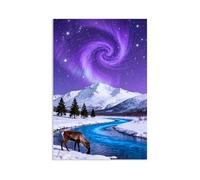 Stampa su tela aurora boreale Il cervo del cielo notturno viola beve dal fiume immagini decorazione da parete colorata per soggiorno ufficio aurora boreale poster animal90x60cm(35x24in)poster