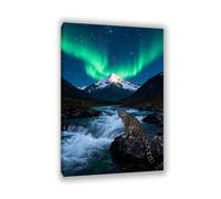 Stampa su tela aurora boreale Leopardo delle nevi sulla riva verde del fiume stellato immagini decorazione da parete colorata per soggiorno ufficio poster animal75x50cm(30x20in)Cornice interna