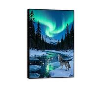 Stampa su tela aurora boreale Lo sguardo del lupo della foresta verde della notte nevosa immagini decorazione da parete colorata per soggiorno ufficio poster animal45x30cm(18x12in)Cornice nera