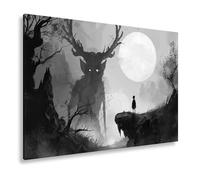 Stampa su tela con luce di luna rivela un mistico duello della foresta, formato: 70 x 50 cm, effetto: bianco e nero, XXL, stampa artistica su telaio, decorazione da parete o soggiorno