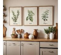 Stampa su tela con piante acquatiche e erbe aromatiche, poster da parete per cucina, beige antico, per soggiorno moderno, arredamento per la casa in stile fattoria (40x60 cm/3 pezzi senza cornice)