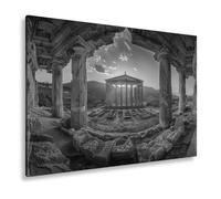 Stampa su tela con scritta in lingua tedesca "Il saluto del sole illumina un tempio dei tempi passati", formato: 60 x 40 cm, effetto: bianco e nero, XXL, stampa artistica su telaio, decorazione da