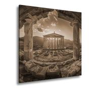 Stampa su tela con scritta in lingua tedesca "Il saluto del sole illumina un tempio dei tempi passati", formato: 70 x 70 cm, effetto seppia XXL, stampa artistica su telaio, decorazione da parete o
