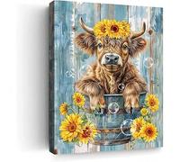 Stampa su tela con soffice mucca delle Highlands - Stampa rustica di animali da fattoria con girasoli e bolle, decorazione per il bagno della cameretta dei bambini (70x110 cm/cornice interna)