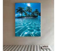 Stampa su tela con stampa di spiaggia tropicale, paesaggio di isole oceaniche con palme e vista sull'acqua blu, arredamento costiero tranquillo per soggiorno, 60x90 cm (24x35 pollici) senza cornice