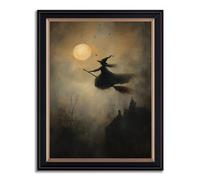 Stampa su tela con strega che vola su una scopa per Halloween, quadro goti