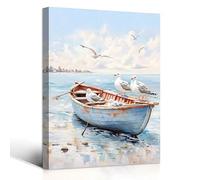 Stampa su tela con uccelli marini e barca, decorazione per la stanza, scena di spiaggia, arte murale sulla spiaggia blu, decorazione in altri materiali intrecciati, dipinto (40x60 cm/cornice interna)