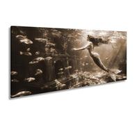 Stampa su tela con una sirena che scorre attraverso la magica luce subacquea panoramica, 100 x 50 cm, effetto seppia, XXL, immagine su telaio, decorazione da parete o soggiorno