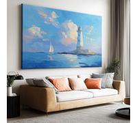 Stampa su Tela Decorazione Murale Pittura Isola Faro Barca a vela Nuvole bianche 70x50 cm Quadro Artistico per Bagno Camera da Letto Soggiorno Poster Decorazione Muraltoile Unframed