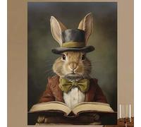 Stampa su tela in stile vintage con coniglietto divertente che legge un libro, poster con coniglio pasquale stravagante con cappello a cilindro e papillon (80 x 120 cm/cornice interna)