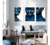 Stampa su Tela Poster Ritratto Arte della Parete Pittura su Tela Immagini Pelle Blu Labbra Dorate Modello di Donna per Soggiorno Decorazione della Casa 50x70 cm (20x28 pollici) x3 Cornice Interna