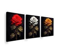 Stampa su tela - Set di 3 quadri 50 x 30 cm - Rosa su sfondo nero | Quadro decorazione per la casa | Estetica soggiorno camera corridoio casa | Decorazione contemporanea (rosso bianco arancione)