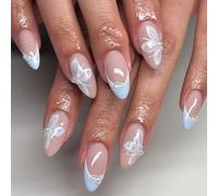 Stampa Sulle Unghie Mandorla Corta Copertine Complete Francesi Finte Acrilico False Farfalle Design Falso Per Le Donne Ragazze Colle Acriliche Sulle Unghie Per Le Donne Cancella