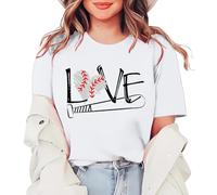 Stampa T-shirt da donna nera girocollo camicetta casual estiva traspirante streetwear moda Love Women's Letter Baseball Print Round Neck Short Sleeved T Shirt Top, bianco, M