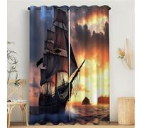 Stampa Tramonto Isola 3D Tende Oscurante Con Occhielli, Cielo Nave Pirata Termica Isolante Riduzione Rumore Insonorizzata Arancione Blu Tende, Per Soggiorno Camera Da Letto Cucina 117L x 183A cm