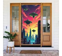 Stampa UFO Cityscape n. 40, copertine decorative per porte, striscione per interni ed esterni, primavera, estate, autunno, inverno, Halloween, Natale, decorazioni per la casa