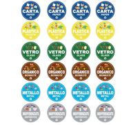 StampaGenerale® Set di 24 Adesivi Raccolta Differenziata - Tondi Ø 12cm, Colori a Norma UNI ISO 11686, Scritta Italiano/Inglese con Icone, Etichette in PVC Impermeabili per Casa, Ufficio e B&B