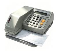 Stampante per assegni e calcolatrice con stampa su nastro, display LCD 14 | Dispositivo per la compilazione di assegni multivaluta con sistema antifrode; supporta USD, EUR, GBP, JPY e altre 12 valute