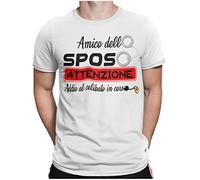 STAMPATEK Maglietta Addio al Celibato Uomo, T-Shirt Divertente per Amici dello Sposo, Idea Regalo Festa Sorpresa Matrimonio, Attenzione Celibato in Corso - Bianca XXL