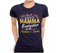STAMPATEK Maglietta Personalizzata Mamma Figlio Figlia Idea Regalo Mamma Migliore del Mondo Tshirt Personalizzala con Nomi - Blu Navy - Donna - Slim - Mezze Maniche