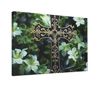 Stampe artistiche da parete con croce nera tra fiori verdi, decorazione da parete moderna incorniciata pronta da appendere tela pittura a olio extra large decorazione per la casa per bagno, soggiorno