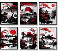 Stampe artistiche da parete giapponesi, poster con paesaggi giapponesi, alberi di ciliegio rosso e nero, alla moda, decorazione artistica su tela, per soggiorno, camera da letto, set di 6 (20,3 x 25,4