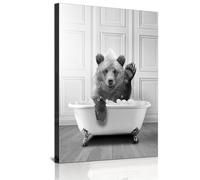 Stampe artistiche da parete, in tela da bagno, set di immagini divertenti, elefante, zebra, pinguino, giraffa, animale nella vasca da bagno, immagini per il bagno, senza cornice (orso, 20 x 30 cm x 1
