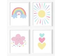 Stampe artistiche da parete rosa per cameretta dei bambini, su tela, arcobaleno pastello, decorazione da parete Boho rosa nuvola colorata sole cuori, decorazione da parete per la cameretta dei