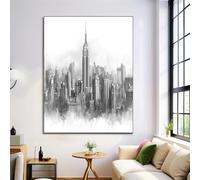 Stampe Artistiche Da Parete Schizzo Dello Skyline Di New York, Stampe da Parete Grigio, Decor Murale con Città Disegnata A Linee Bianche E Nere per Camera da Letto Salotto Ufficio Corridoio 60×90 cm