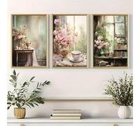 Stampe artistiche su tela in stile chic per la decorazione della casa, verde cipria, rosa floreale, estetica contemporanea, decorazione da parete per bar, dormitorio (60x90cmx3/cornice interna)