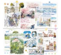 Stampe con paesaggi naturali, carta per decoupage, stile acquerello, tema viaggio, collage, decorazione artistica da parete, decorazione artistica da parete per diari e biglietti, arti e mestieri