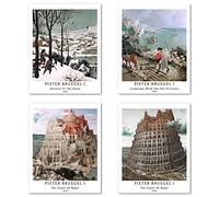 Stampe da Parete Paesaggio Classico Senza Cornice, Set di 4 Poster, Carta artistici di alta qualità Taglia: 20x25 cm, Colline paesaggio paesaggio per camera da letto Pieter Bruegel The Elder Painting