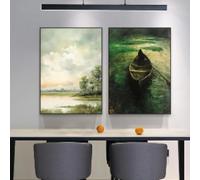 Stampe di dipinti a olio vintage, poster da parete, poster di canottaggio con uomo, paesaggio verde, decorazione su tela, decorazione per la casa, soggiorno, 30x50 cm (12x20 pollici) x2 senza cornice